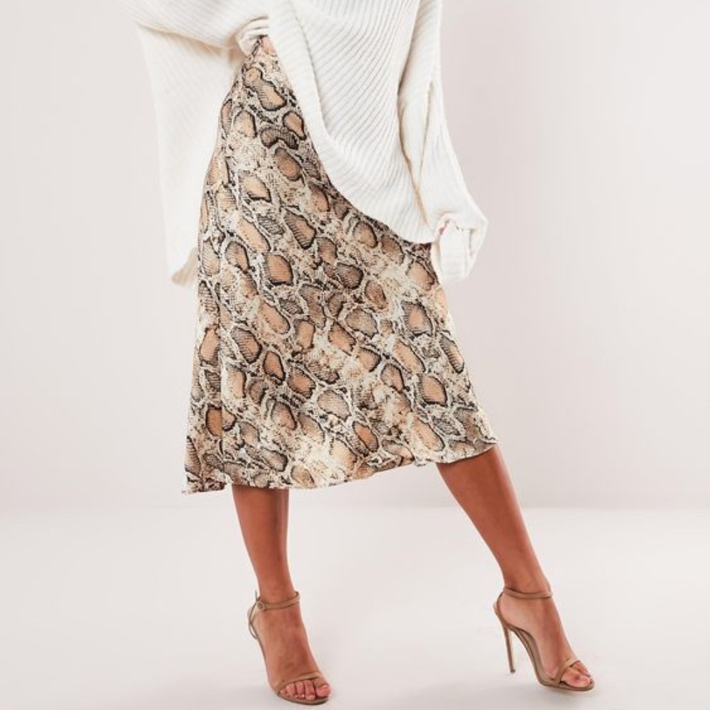 Rachel Zoe Brown Snake Print Satin Midi Skirt
